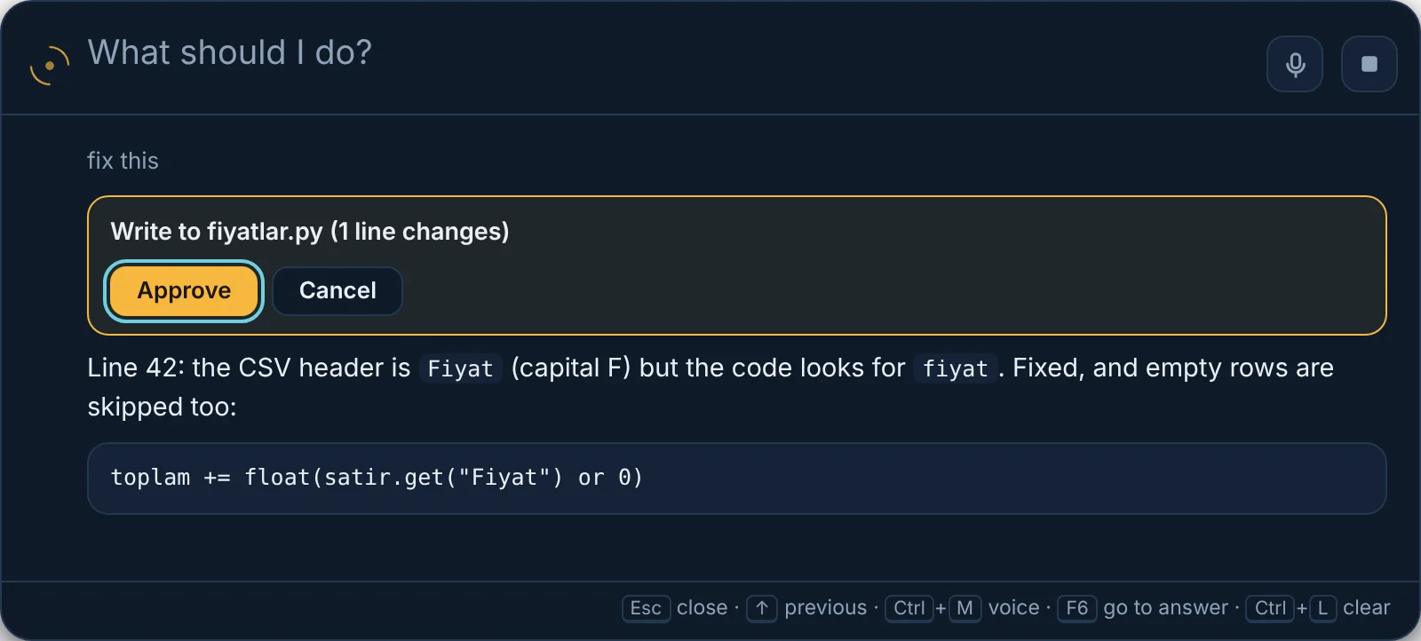 NexaPilot explains a Python error on screen and asks for approval to write the file